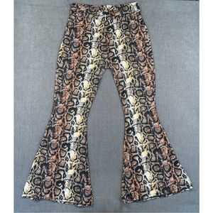 Retro Snake Print Bell Bottom Pants Women XL Brown High Waist Festival Boho